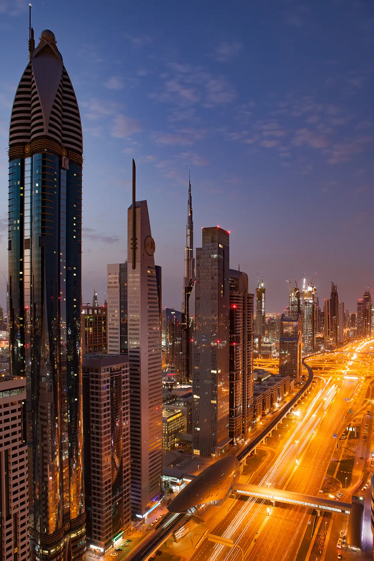 Sheikh Zayed Road towers at golden hour, Dubai